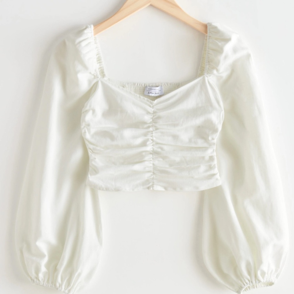& OTHER STORIES ⚪️ White Puff Sleeve Ruched Crop Blouse
